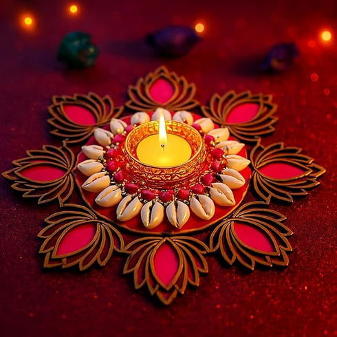 Diya Handmade MDF Lotus tealight Candle Holder with Shell Tealight Rangoli